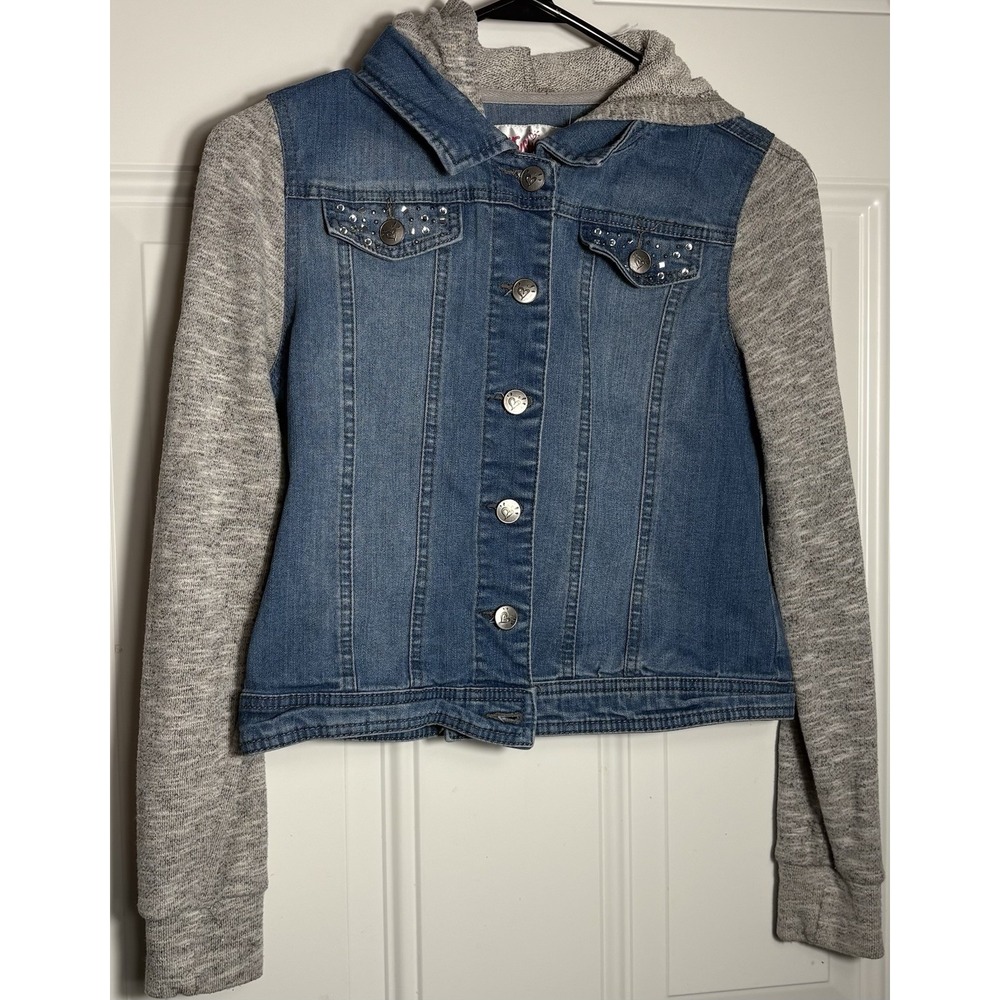 Vtg Girls Justice Jean Jacket Gray Hooded Sweater Sleeves Sz 12/14 Bling